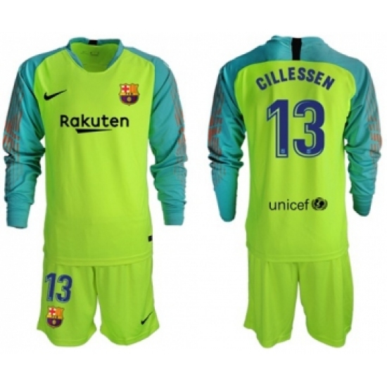 Barcelona 13 Cillessen Shiny Green Goalkeeper Long Sleeves Soccer Club Jersey