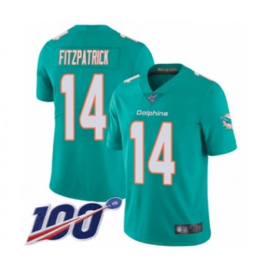 Men's Miami Dolphins 14 Ryan Fitzpatrick Aqua Green Team Color Vapor Untouchable Limited Player 100th Season Football Jersey