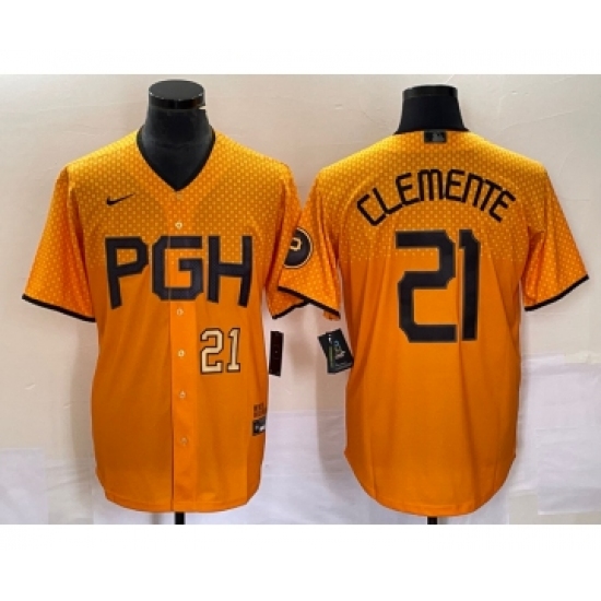 Men's Nike Pittsburgh Pirates 21 Roberto Clemente Number Gold 2023 City Connect Stitched Jersey2