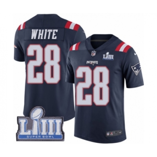 Youth Nike New England Patriots 28 James White Limited Navy Blue Rush Vapor Untouchable Super Bowl LIII Bound NFL Jersey