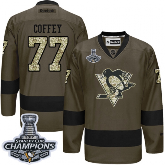 Men's Reebok Pittsburgh Penguins 77 Paul Coffey Premier Green Salute to Service 2017 Stanley Cup Champions NHL Jersey