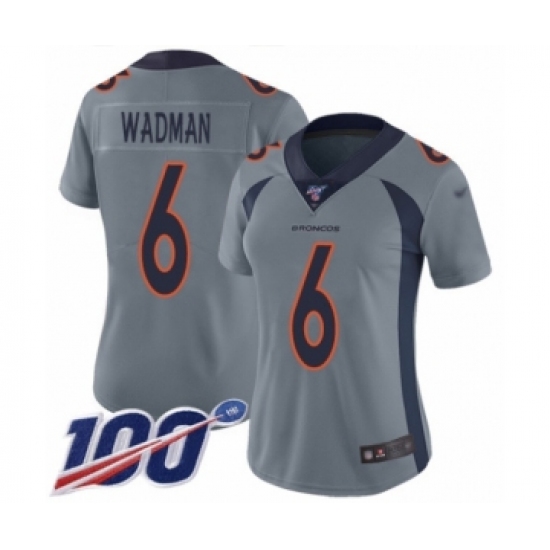 Women's Denver Broncos 6 Colby Wadman Limited Silver Inverted Legend 100th Season Football Jersey