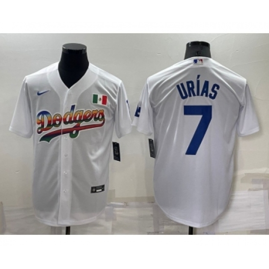 Men's Los Angeles Dodgers 7 Julio Urias Rainbow White Mexico Cool Base Nike Jersey