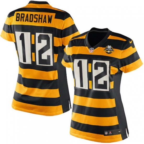 Women's Nike Pittsburgh Steelers 12 Terry Bradshaw Game Yellow/Black Alternate 80TH Anniversary Throwback NFL Jersey