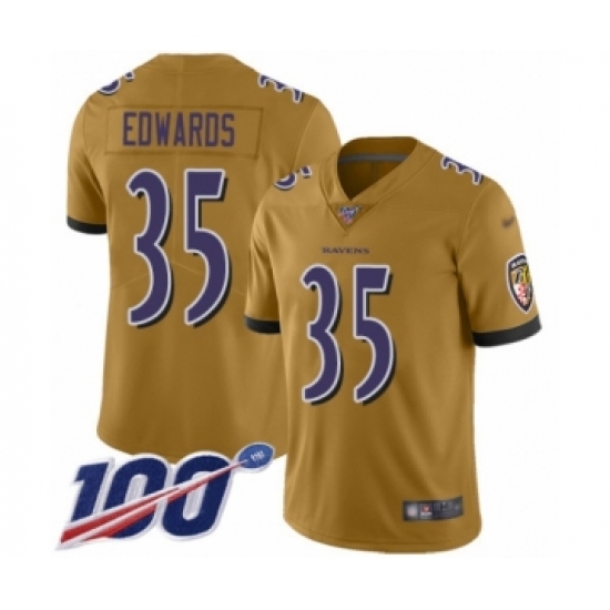 Youth Baltimore Ravens 35 Gus Edwards Limited Gold Inverted Legend 100th Season Football Jersey