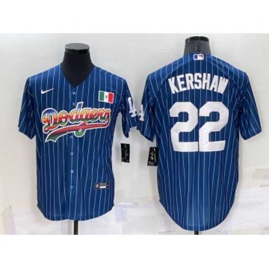 Men's Los Angeles Dodgers 22 Clayton Kershaw Rainbow Blue Red Pinstripe Mexico Cool Base Nike Jersey
