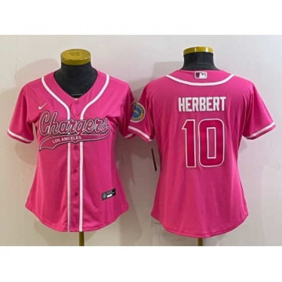 Women's Los Angeles Chargers 10 Justin Herbert Pink With Patch Cool Base Stitched Baseball Jersey