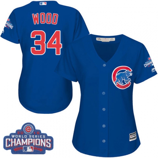 Women's Majestic Chicago Cubs 34 Kerry Wood Authentic Royal Blue Alternate 2016 World Series Champions Cool Base MLB Jersey