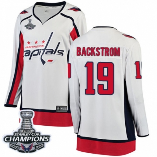 Women's Washington Capitals 19 Nicklas Backstrom Fanatics Branded White Away Breakaway 2018 Stanley Cup Final Champions NHL Jersey