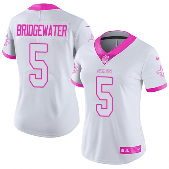 Women's Nike New Orleans Saints 5 Teddy Bridgewater Limited White Pink Rush Fashion NFL Jersey