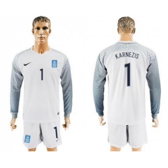 Greece 1 Karnezis White Goalkeeper Long Sleeves Soccer Country Jersey