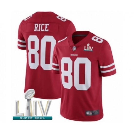Youth San Francisco 49ers 80 Jerry Rice Red Team Color Vapor Untouchable Limited Player Super Bowl LIV Bound Football Jersey