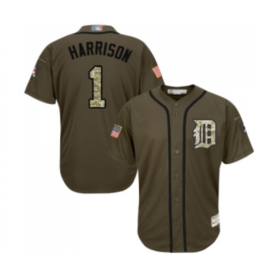Men's Detroit Tigers 1 Josh Harrison Authentic Green Salute to Service Baseball Jersey