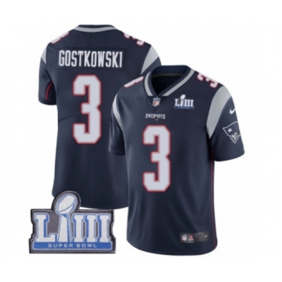 Men's Nike New England Patriots 3 Stephen Gostkowski Navy Blue Team Color Vapor Untouchable Limited Player Super Bowl LIII Bound NFL Jersey