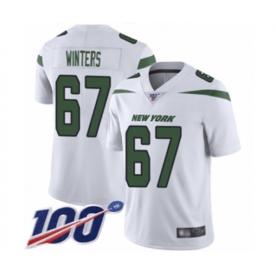 Men's New York Jets 67 Brian Winters White Vapor Untouchable Limited Player 100th Season Football Jersey