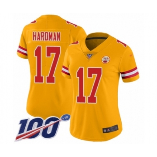 Women's Kansas City Chiefs 17 Mecole Hardman Limited Gold Inverted Legend 100th Season Football Jersey