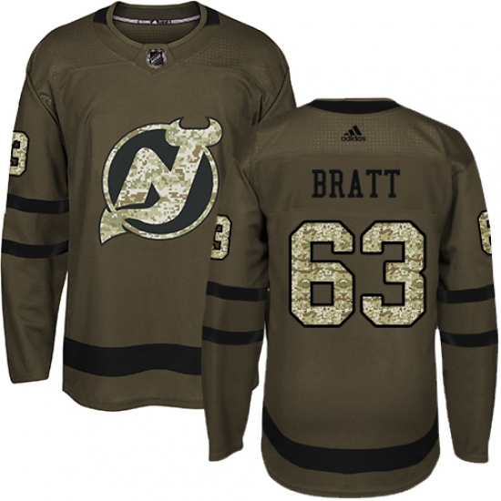 Men's Adidas New Jersey Devils 63 Jesper Bratt Authentic Green Salute to Service NHL Jersey