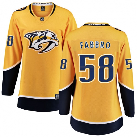 Women's Nashville Predators 58 Dante Fabbro Fanatics Branded Gold Home Breakaway NHL Jersey