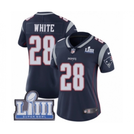 Women's Nike New England Patriots 28 James White Navy Blue Team Color Vapor Untouchable Limited Player Super Bowl LIII Bound NFL Jersey
