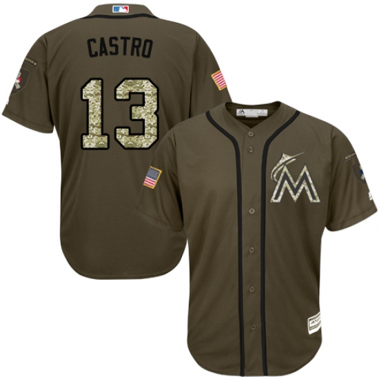 Men's Majestic Miami Marlins 13 Starlin Castro Authentic Green Salute to Service MLB Jersey