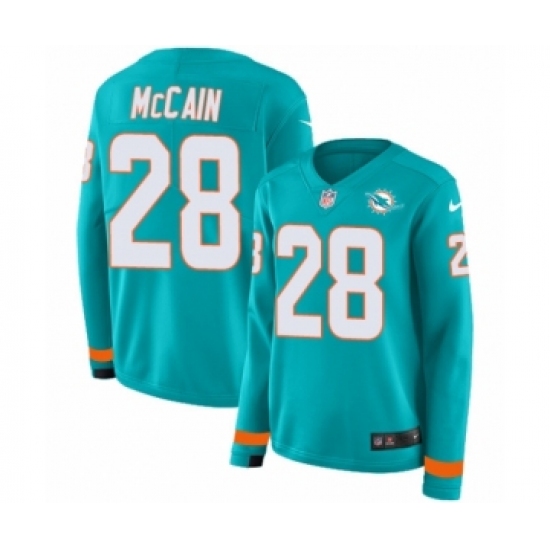 Women's Nike Miami Dolphins 28 Bobby McCain Limited Aqua Therma Long Sleeve NFL Jersey