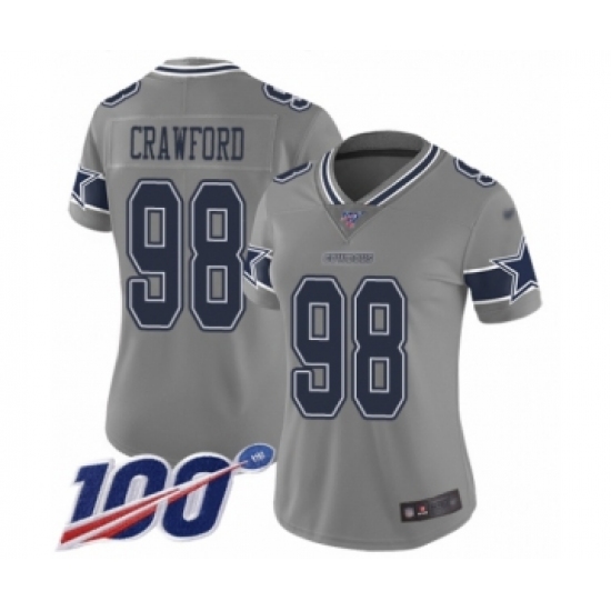 Women's Dallas Cowboys 98 Tyrone Crawford Limited Gray Inverted Legend 100th Season Football Jersey