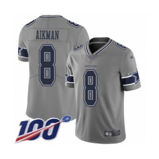Men's Dallas Cowboys 8 Troy Aikman Limited Gray Inverted Legend 100th Season Football Jersey