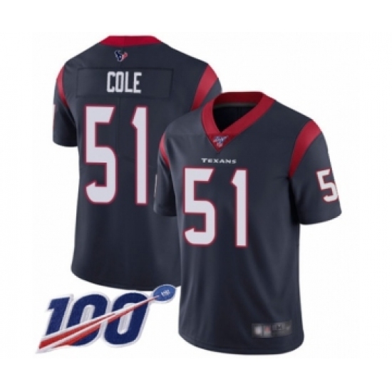 Men's Houston Texans 51 Dylan Cole Navy Blue Team Color Vapor Untouchable Limited Player 100th Season Football Jersey
