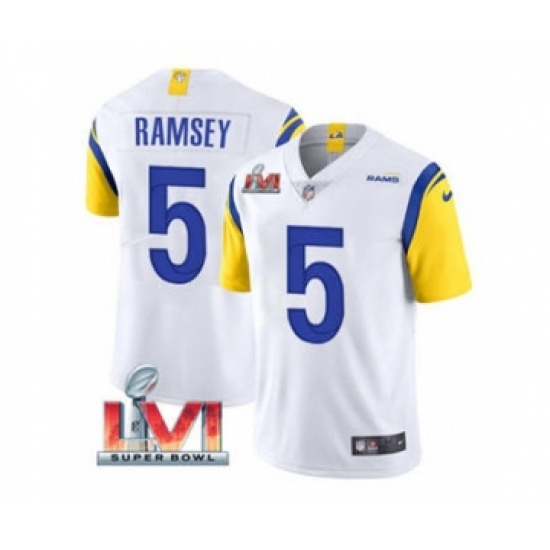 Men's Los Angeles Rams 5 Jalen Ramsey White 2022 Super Bowl LVI Vapor Limited Stitched Jersey