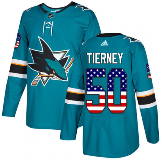 Men's Adidas San Jose Sharks 50 Chris Tierney Authentic Teal Green USA Flag Fashion NHL Jersey