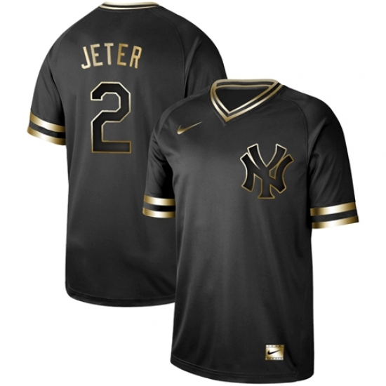 Men's Nike New York Yankees 2 Derek Jeter Black Gold Authentic Stitched Baseball Jersey