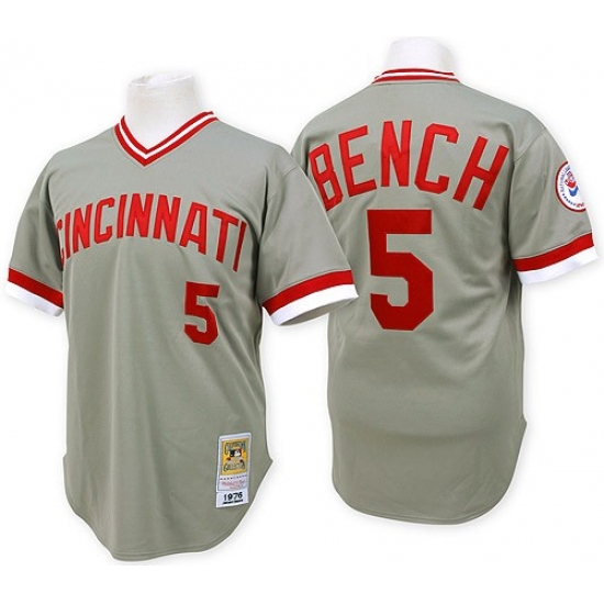 Men's Mitchell and Ness Cincinnati Reds 5 Johnny Bench Authentic Grey Throwback MLB Jersey