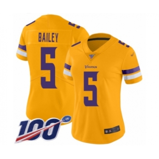 Women's Minnesota Vikings 5 Dan Bailey Limited Gold Inverted Legend 100th Season Football Jersey