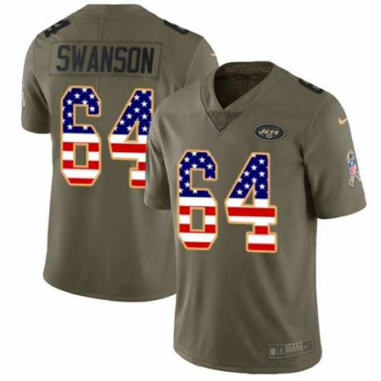 Men's Nike New York Jets 64 Travis Swanson Limited Olive/USA Flag 2017 Salute to Service NFL Jersey