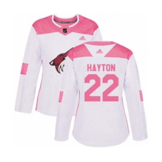 Women's Adidas Arizona Coyotes 22 Barrett Hayton Authentic White Pink Fashion NHL Jersey