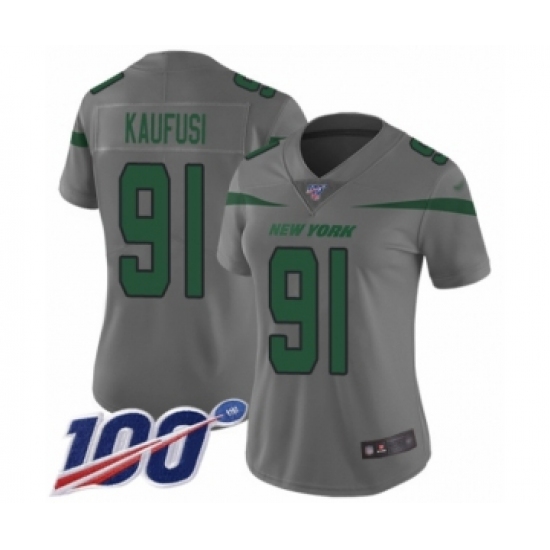 Women's New York Jets 91 Bronson Kaufusi Limited Gray Inverted Legend 100th Season Football Jersey