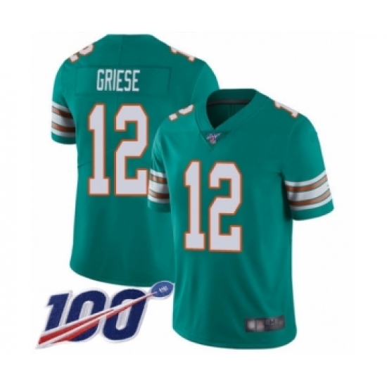 Men's Miami Dolphins 12 Bob Griese Aqua Green Alternate Vapor Untouchable Limited Player 100th Season Football Jersey
