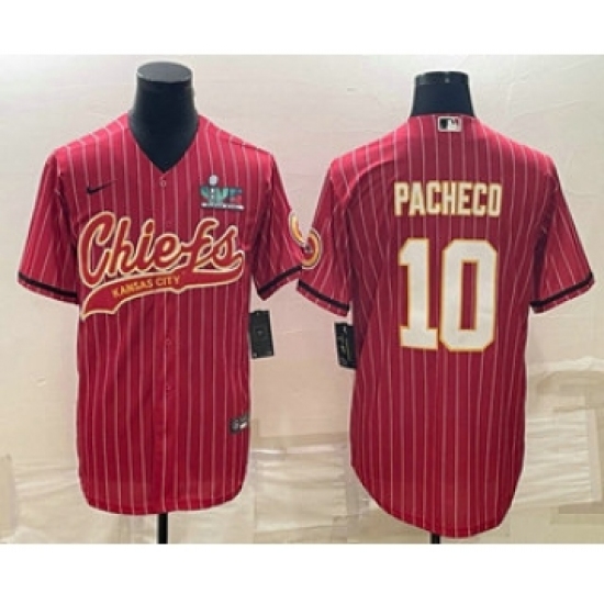 Men's Kansas City Chiefs 10 Isiah Pacheco Red Pinstripe With Super Bowl LVII Patch Cool Base Stitched Baseball Jersey