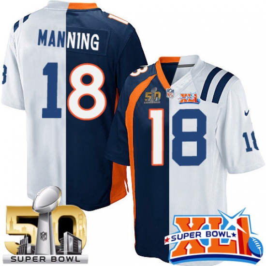 Men's Nike Denver Broncos 18 Peyton Manning Limited Navy Blue/White Split Fashion Super Bowl L & Super Bowl XLI NFL Jersey