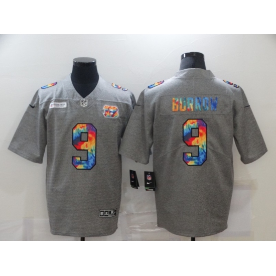 Men's Cincinnati Bengals 9 Joe Burrow Gray Rainbow Version Nike Limited Jersey