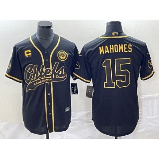 Men's Nike Kansas City Chiefs 15 Patrick Mahomes Black Gold C Cool Base Stitched Baseball Jersey