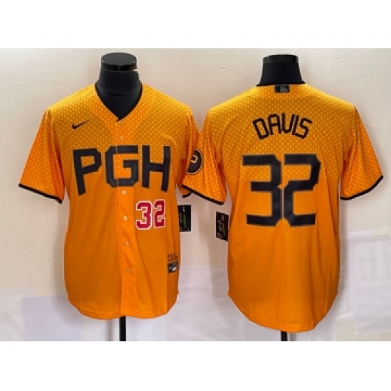 Men's Nike Pittsburgh Pirates 32 Henry Davis Number Yellow 2023 City Connect Stitched Jersey1