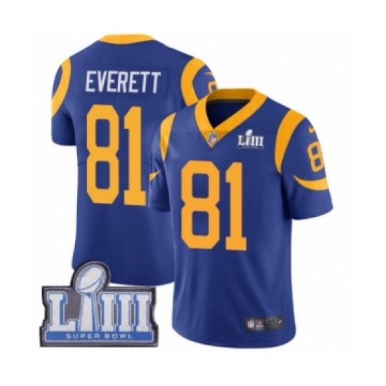 Youth Nike Los Angeles Rams 81 Gerald Everett Royal Blue Alternate Vapor Untouchable Limited Player Super Bowl LIII Bound NFL Jersey