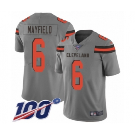 Men's Cleveland Browns 6 Baker Mayfield Limited Gray 100th Season Inverted Legend Football Jersey