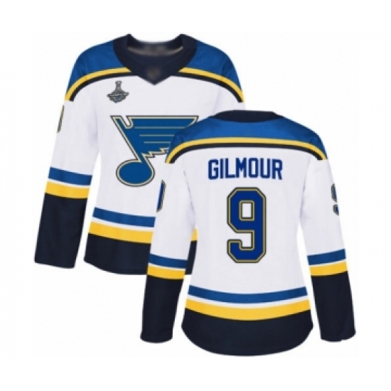 Women's St. Louis Blues 9 Doug Gilmour Authentic White Away 2019 Stanley Cup Champions Hockey Jersey