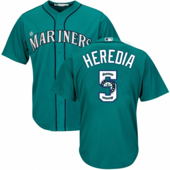 Men's Majestic Seattle Mariners 5 Guillermo Heredia Authentic Teal Green Team Logo Fashion Cool Base MLB Jersey