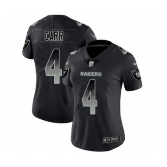 Women's Oakland Raiders 4 Derek Carr Black Smoke Fashion Limited Player 100th Season Football Jersey