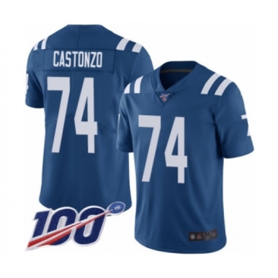 Men's Indianapolis Colts 74 Anthony Castonzo Royal Blue Team Color Vapor Untouchable Limited Player 100th Season Football Jersey