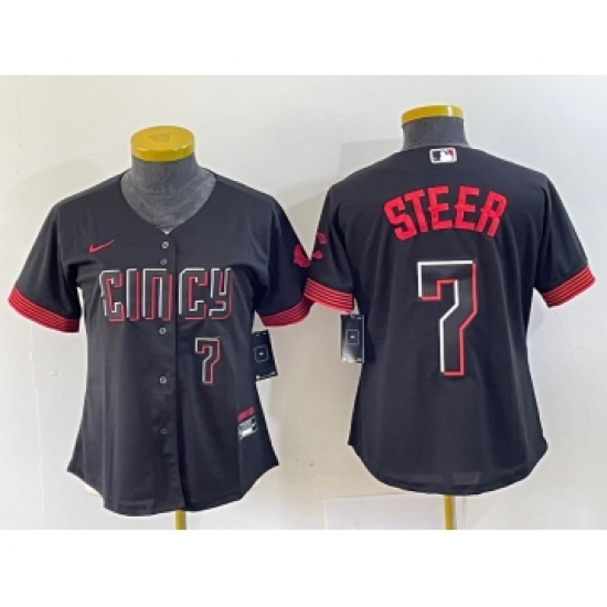 Women's Nike Cincinnati Reds 7 Spencer Steer Numer Black 2023 City Connect Cool Base Stitched Baseball Jersey2