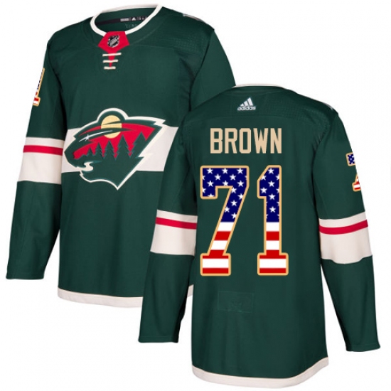 Men's Adidas Minnesota Wild 71 J T Brown Authentic Green USA Flag Fashion NHL Jersey